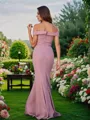Sheath/Column Off-the-Shoulder Unique Sleeveless Sweep Train Chiffon Bridesmaid Dresses