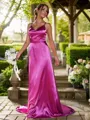 A-line V-Neck Refined Sleeveless Sweep Train Silk like Satin Bridesmaid Dresses