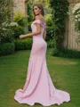 Sheath/Column Off-the-Shoulder Sleeveless Sweep Train Crisp Stretch Crepe Bridesmaid Dresses