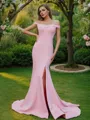 Sheath/Column Off-the-Shoulder Sleeveless Sweep Train Crisp Stretch Crepe Bridesmaid Dresses