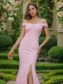 Sheath/Column Off-the-Shoulder Sleeveless Sweep Train Crisp Stretch Crepe Bridesmaid Dresses