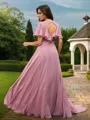 A-line V-Neck Charming Short Sleeves Floor-Length Chiffon Bridesmaid Dresses