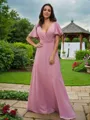 A-line V-Neck Charming Short Sleeves Floor-Length Chiffon Bridesmaid Dresses