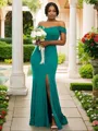 Sheath/Column Off-the-Shoulder Classic Sleeveless Sweep Train Jersey Bridesmaid Dresses