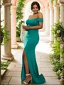 Sheath/Column Off-the-Shoulder Classic Sleeveless Sweep Train Jersey Bridesmaid Dresses