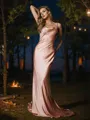 Sheath/Column Chic Spaghetti Straps Sleeveless Sweep Train Silk like Satin Bridesmaid Dresses