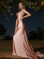 Sheath/Column Chic Spaghetti Straps Sleeveless Sweep Train Silk like Satin Bridesmaid Dresses
