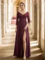 A-line V-Neck Flattering Long Sleeves Floor-Length Chiffon Bridesmaid Dresses