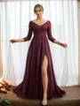 A-line V-Neck Flattering Long Sleeves Floor-Length Chiffon Bridesmaid Dresses