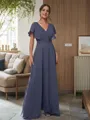 A-line V-Neck Flowing Short Sleeves Floor-Length Chiffon Bridesmaid Dresses