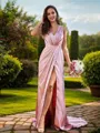 A-line V-Neck Balanced Sleeveless Sweep Train Silk like Satin Bridesmaid Dresses