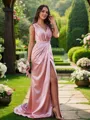A-line V-Neck Balanced Sleeveless Sweep Train Silk like Satin Bridesmaid Dresses