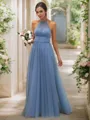 A-line Halter Delicate Sleeveless Floor-Length Tulle Bridesmaid Dresses