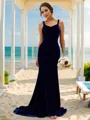 Trumpet/Mermaid Twinkling Straps Sleeveless Sweep Train Velvet Bridesmaid Dresses