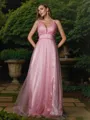 A-line V-Neck Sleeveless Sweep Train Tulle Dazzling Bridesmaid Dresses