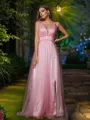 A-line V-Neck Sleeveless Sweep Train Tulle Dazzling Bridesmaid Dresses