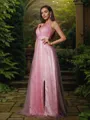A-line V-Neck Sleeveless Sweep Train Tulle Dazzling Bridesmaid Dresses