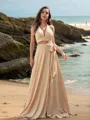 A-line Halter Graceful Sleeveless Sweep Train Jersey Bridesmaid Dresses