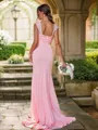 Sheath/Column Square Graceful Sleeveless Sweep Train Jersey Bridesmaid Dresses