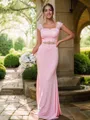 Sheath/Column Square Graceful Sleeveless Sweep Train Jersey Bridesmaid Dresses