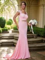 Sheath/Column Square Graceful Sleeveless Sweep Train Jersey Bridesmaid Dresses