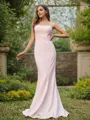 Sheath/Column Strapless Effortless Sleeveless Sweep Train Stretch Crepe Bridesmaid Dresses