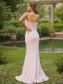Sheath/Column Strapless Effortless Sleeveless Sweep Train Stretch Crepe Bridesmaid Dresses