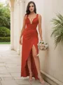 Sheath/Column V-Neck Alluring Sleeveless Floor-Length Charmeuse Bridesmaid Dresses