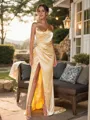 Sheath/Column One-Shoulder Contemporary Sleeveless Sweep Train Silk like Satin Bridesmaid Dresses