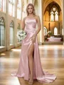 Sheath/Column Spaghetti Straps Bold Sleeveless Sweep Train Silk like Satin Bridesmaid Dresses