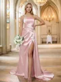 Sheath/Column Spaghetti Straps Bold Sleeveless Sweep Train Silk like Satin Bridesmaid Dresses