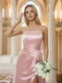 Sheath/Column Spaghetti Straps Bold Sleeveless Sweep Train Silk like Satin Bridesmaid Dresses