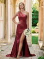 Sheath/Column One-Shoulder Sensual Sleeveless Sweep Train Silk like Satin Bridesmaid Dresses