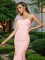 Sheath/Column One-Shoulder Figure-hugging Sleeveless Tea-Length Stretch Crepe Bridesmaid Dresses