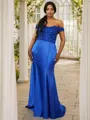 Sheath/Column Off-the-Shoulder Sleeveless Elegant Sweep Train Silk like Satin Bridesmaid Dresses