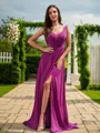 A-line V-Neck Glam Sleeveless Sweep Train Chiffon Bridesmaid Dresses