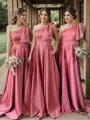 Luxurious A-line One-Shoulder Satin Floor-Length Bridesmaid Dress With Pockets
