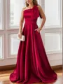 Luxurious A-line One-Shoulder Satin Floor-Length Bridesmaid Dress With Pockets