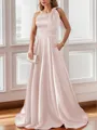 Luxurious A-line One-Shoulder Satin Floor-Length Bridesmaid Dress With Pockets