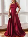 Luxurious A-line One-Shoulder Satin Floor-Length Bridesmaid Dress With Pockets