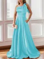 Luxurious A-line One-Shoulder Satin Floor-Length Bridesmaid Dress With Pockets