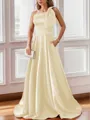 Luxurious A-line One-Shoulder Satin Floor-Length Bridesmaid Dress With Pockets