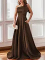 Luxurious A-line One-Shoulder Satin Floor-Length Bridesmaid Dress With Pockets