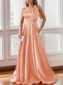 Luxurious A-line One-Shoulder Satin Floor-Length Bridesmaid Dress With Pockets