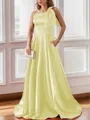 Luxurious A-line One-Shoulder Satin Floor-Length Bridesmaid Dress With Pockets