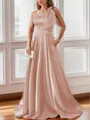 Luxurious A-line One-Shoulder Satin Floor-Length Bridesmaid Dress With Pockets