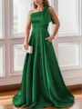 Luxurious A-line One-Shoulder Satin Floor-Length Bridesmaid Dress With Pockets