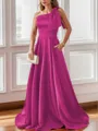 Luxurious A-line One-Shoulder Satin Floor-Length Bridesmaid Dress With Pockets