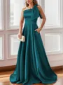 Luxurious A-line One-Shoulder Satin Floor-Length Bridesmaid Dress With Pockets