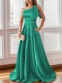 Luxurious A-line One-Shoulder Satin Floor-Length Bridesmaid Dress With Pockets